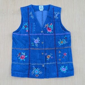Vintage Together! Vest 90's Denim Cotton Embroidered Floral‎ Cottage Women Large